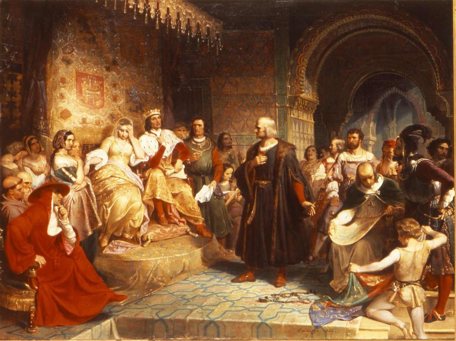 Painting of Columbus presenting himself before Queen Isabella's court