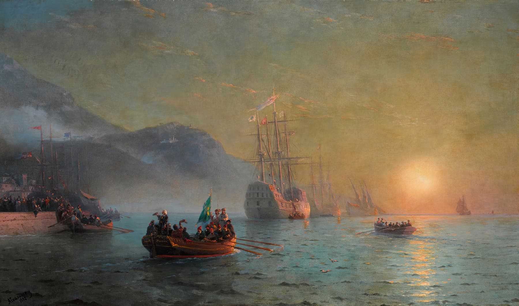 Painting of Columbus's fleet departing the port of Palos under a golden evening sky
